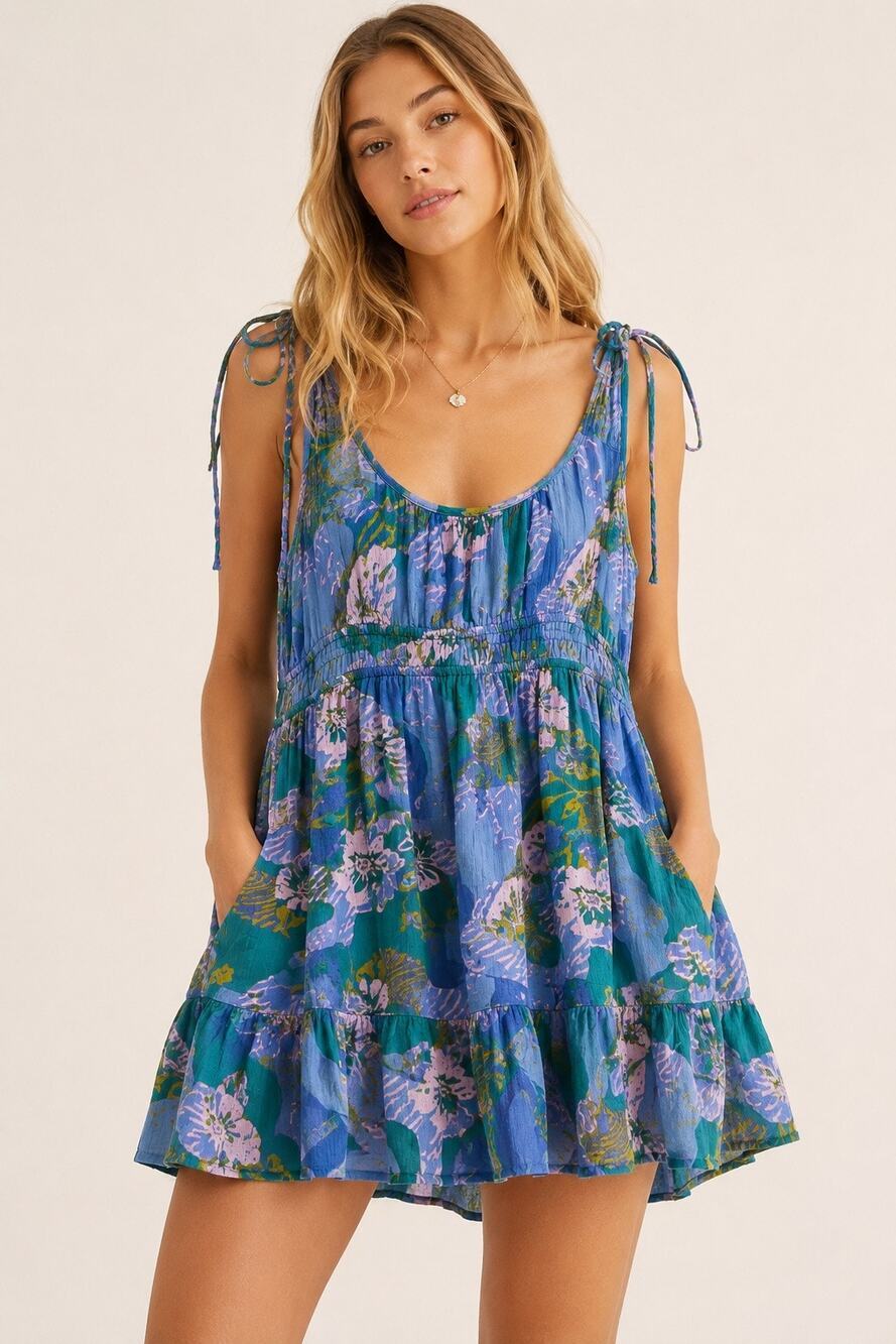 Free People Vernon Floral Print Crinkle Cotton Sundress Blue Green Size L Pocket
